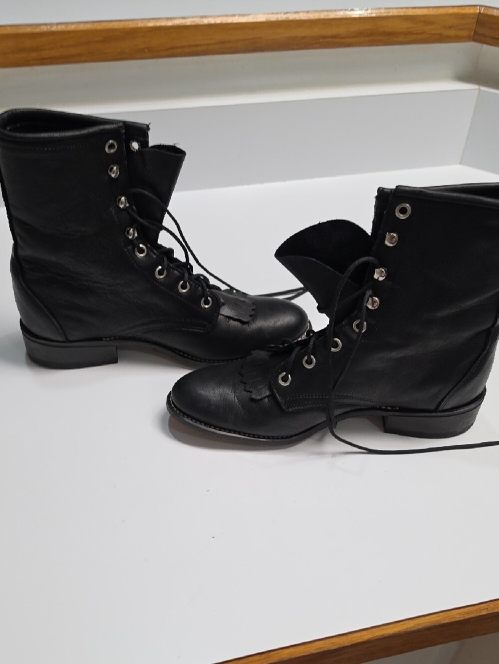 Laredo Vintage Black Leather Lace-Up Western Roper Boots - Size 8 - Picture 4 of 13